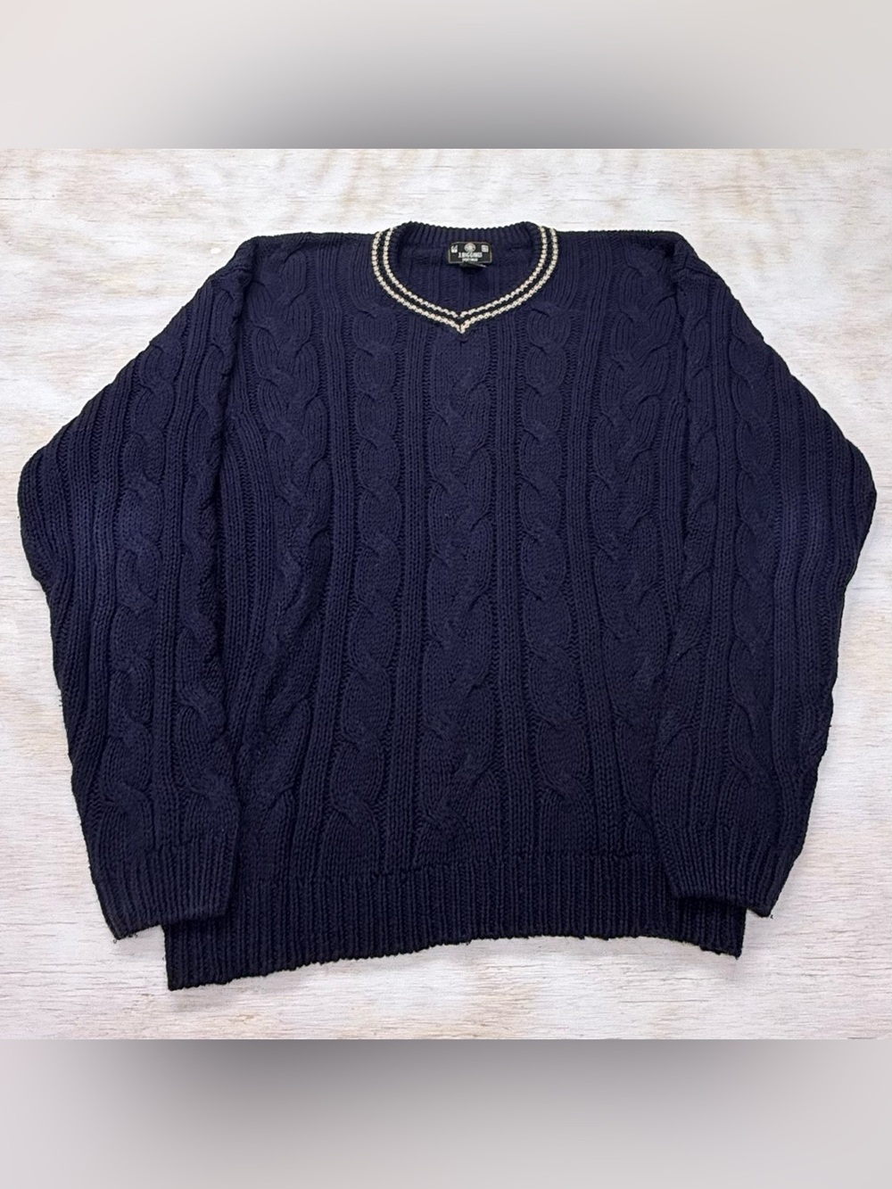 J. RIGGINGS Classic Navy Cable-Knit V-Neck Sweater Oversized